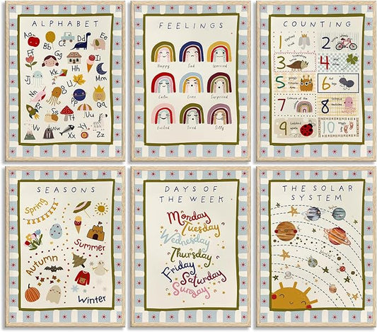 6Pcs Children Educational Numbers Canvas Wall art ABC Kids' Rooms Painting Pictures Wall Decor Toddler Rooms Learning Posters Print Artwork for Baby Room Nursery Home Decoration 12x16in Unframed