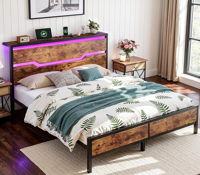 King Size Bed Frame with LED Lights & Charging Station, King Bed Frame and Headboard,13" Under Bed Storage, Noise-Free Heavy Duty Metal Support, Modern Brown