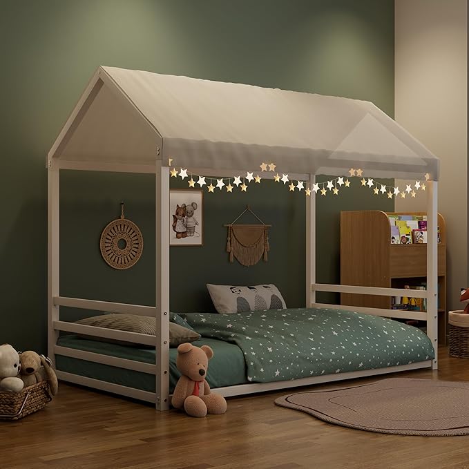 Harper & Bright Designs Twin Size Floor Bed Frame for Kids, House Bed with Roof and Guardrail, Metal Montessroi Floor Bed for Boys Girls, Easy Assemble, No Slats,White