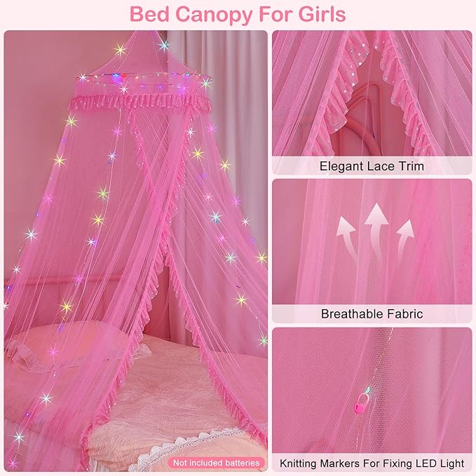 Beinou Bed Canopy for Girls with Timer Remote Canopy Bed with Lights Breathable Net Canopy for Bed Kids Girls Room Decor,Pink