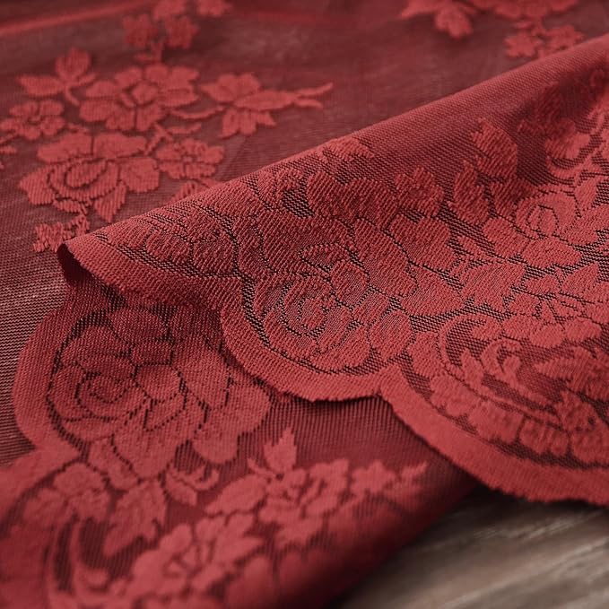 Kotile Burgundy Sheer Curtains 54 Inch Length 2 Panels Set Country Rustic Floral Cottagecore Maroon Lace Curtains for Windows, Rod Pocket Privacy Light Filtering Sheer Window Curtains, 52 x 54 Inch