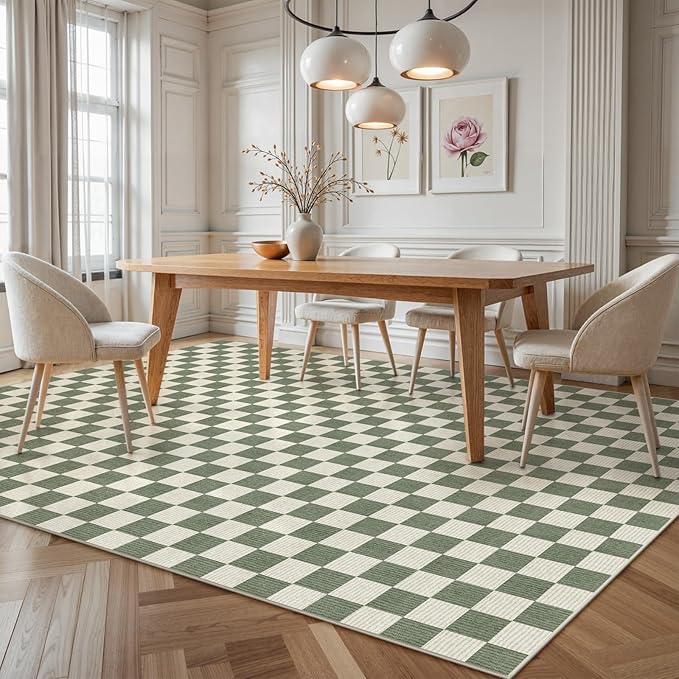 LIVEBOX 10x14 Area Rugs for Living Room, Checkered Non-Slip Washable Rugs, Farmhouse Neutral Classic Geometric Pattern Large Boys Area Rug for Bedroom, Carpet for Dining Room Office (Green,10'x14')