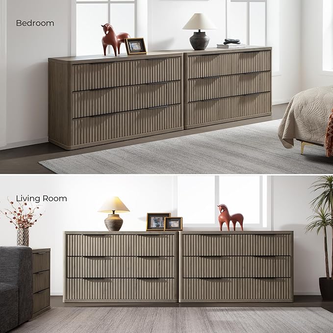 SICOTAS Dresser for Bedroom 107" Wide 6 Drawer Dressers & Chests of Drawers for Closet Long Large Modern TV Stand Set for Clothes Storage Fluted Clothes Closet for Hallway Entryway, Grey Alder