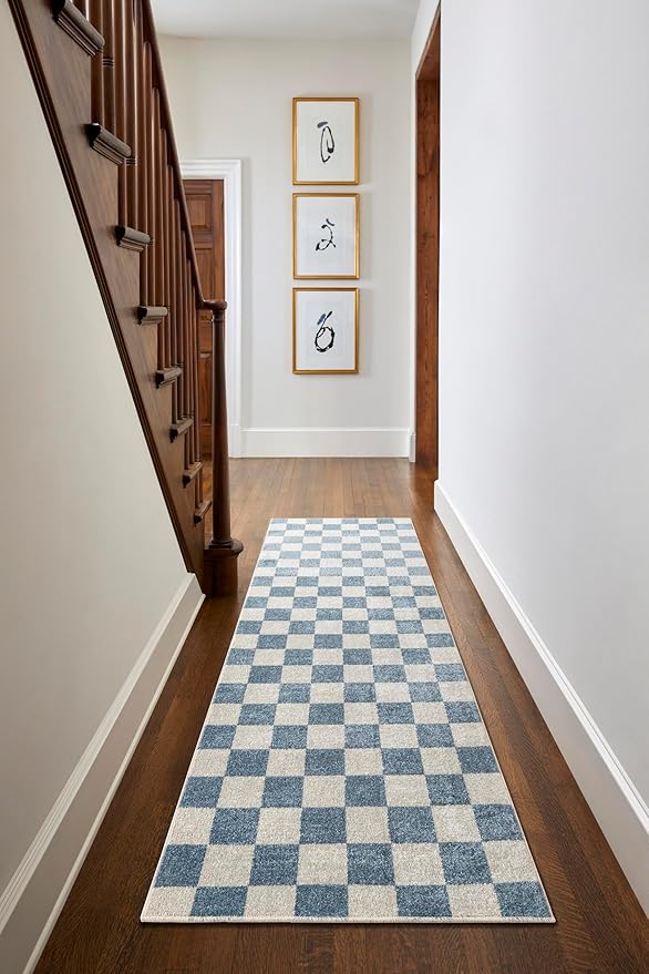 Mark&Day Washable Rugs, 3x7 Shaquina Modern Pale Blue Runner Checkered Rug, Blue Ivory Carpet for Hallway, Kitchen, Bedroom or Living Room (2'7" x 7'3" Runner, Machine Washable)