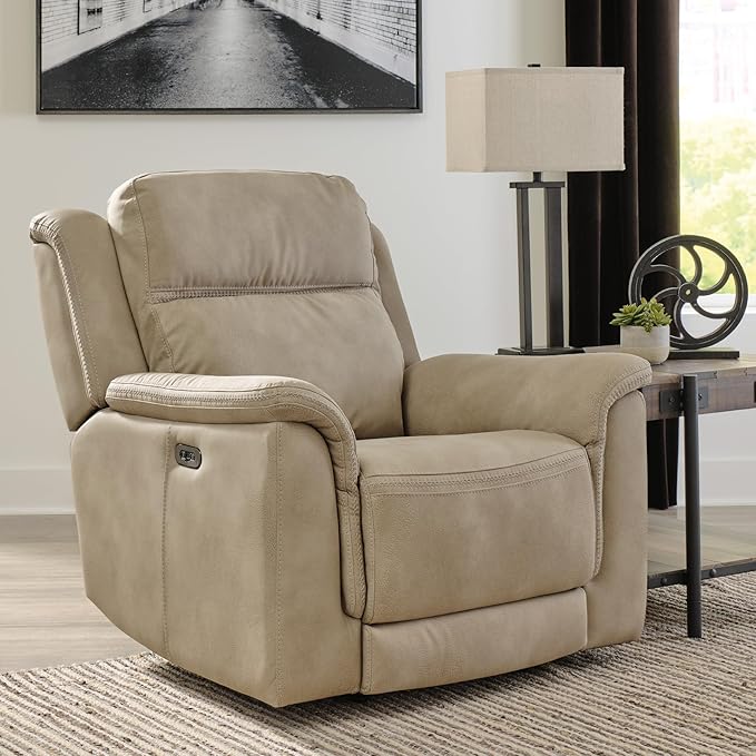 Signature Design by Ashley Next-Gen DuraPella Power Recliner with Adjustable Headrest, Extended Ottoman, USB Charging, Water Repellent Faux Leather, Beige