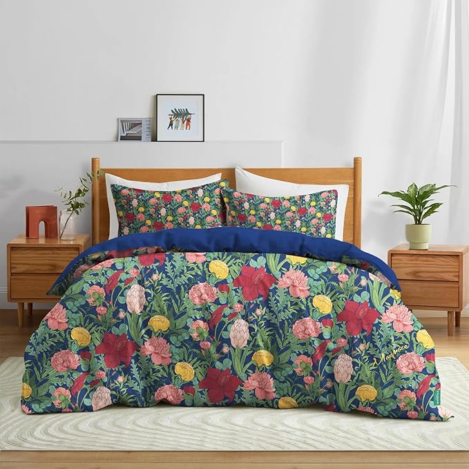 MAGRACE Green Duvet Cover King Size, 100% Pure Cotton Vintage Floral Printed Super Soft Coquette Bedding Set 3 Pieces with Zipper Closure & Corner Ties