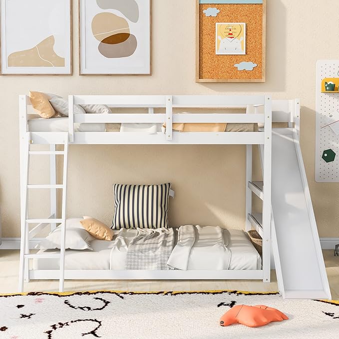 Full Over Full Bunk Bed with Ladder, Wooden Bunk Bed Frame with Slide and Shelves, Low Bunk Bed for Kids Teens Adult, Space-Saving Bedroom Dormitory Furniture (White + Pine-05)