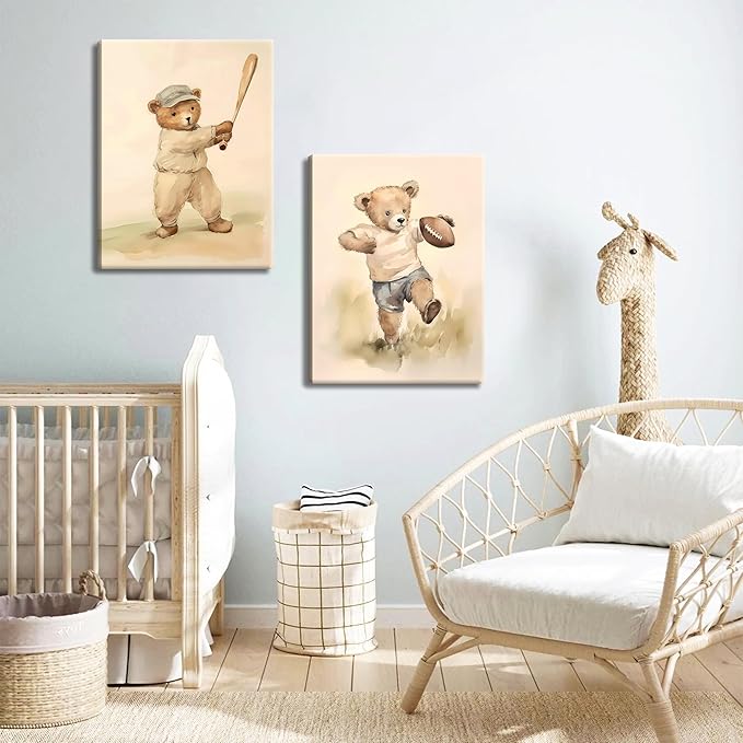 Bear Rugby Sports Nursery Canvas Wall Art Set of 3 - Cute Vintage Baby Bear Pictures Paintings Poster Prints, Nursery Animal Wall Decor for Children Bedroom Boy Room Decoration 16x24 inch Framed