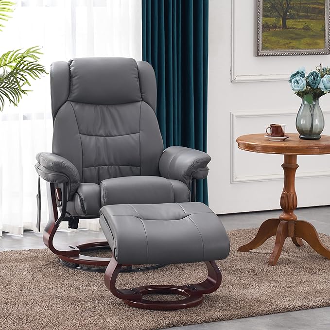 MCombo Swivel Recliner with Ottoman, Faux Leather TV Chair with Vibration Massage, Ideal for Small Space, Living Room & Bedroom 4734 (Grey)