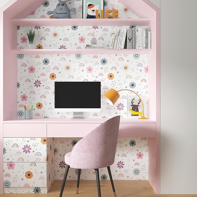 CHIHUT Boho Rainbow Peel and Stick Wallpaper Watercolor Cute Flowers Stars Rainbow Contact Paper Kids Self Adhesive Removable Wallpaper Flowers Wall Decals for Girls Bedroom Cabinets Walls 17.7”x100”