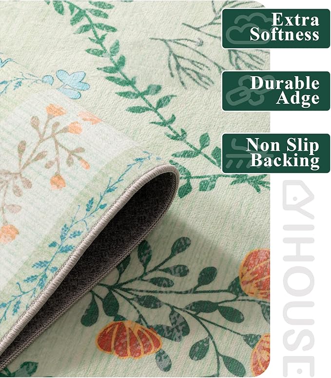 YIHOUSE 6x9 Washable Rug for Bedroom, Green Floral Rugs for Living Room Non Slip Ultra-Thin Large Boho Rug for Kids Playroom, Classroom, Girls Dorm, Nursery, Green Multi