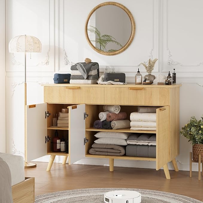 47" Buffet Cabinet with Storage, Natural Wood Fluted Sideboard with Drawers 3 Doors & Adjustable Shelves, Modern Accent Storage Cabinet Console Table for Living Room, Hallway, Entryway