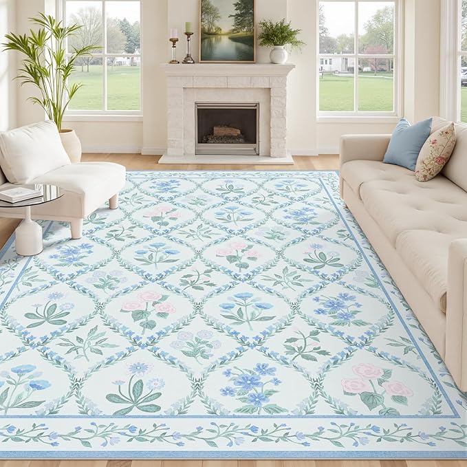 Blue 8x10 Rugs for Living Room, 8x10 Boho Floral Washable Area Rug Non Slip, Soft Cute Indoor Decor Elegant Carpet for Bedroom Kids Room Nursery Dining Room,Blue Multi