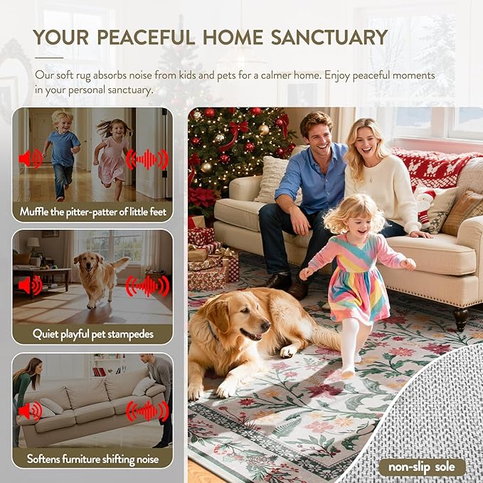 Lahome Christmas Rugs 8x10 Living Room Decor, Washable Area Rugs for Dining Room Stain Resistant, Large Thin Carpets Under Bed Couch Cottagecore Holiday Decor