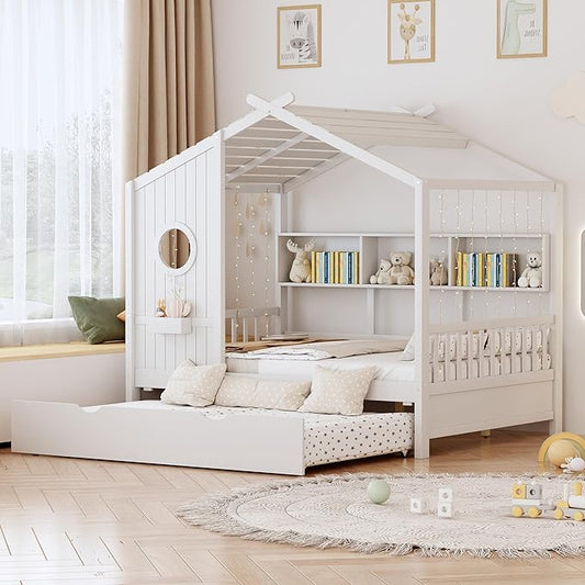Bellemave Full Size House Bed Frame with Trundle for Kids,Full Kids Bed Frame with Bookshelves,Solid Wood House Bed for Girls,Boys,Can be Decorated,White