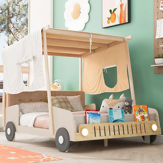 Full Size Car Bed with Ceiling Cloth,Wood Car-Shaped Bed Frame with Pillow and LED Light for Kids Girls Boys, No Box Spring Needed, Natural