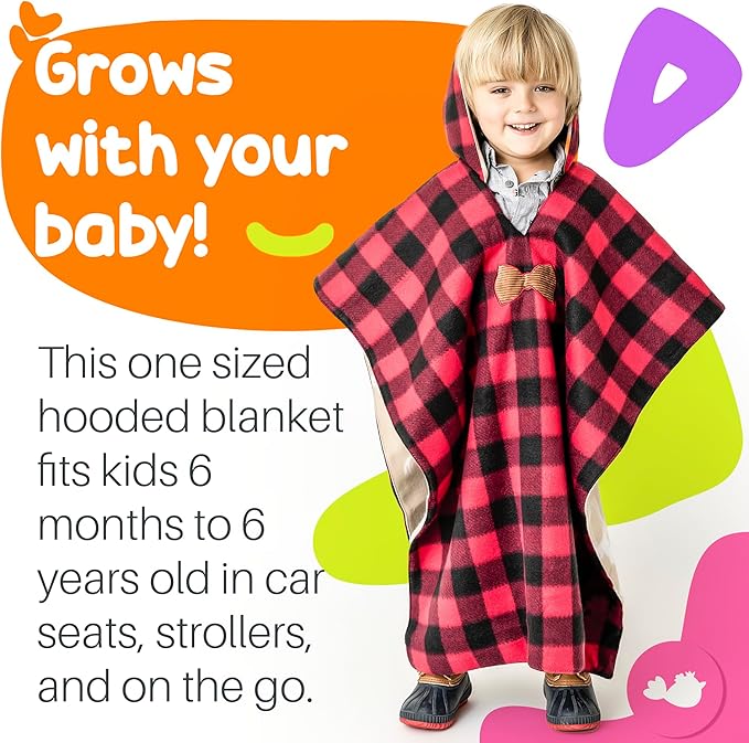 Birdy Boutique Car Seat Poncho for Kids – Reversible Warm Blanket with Hoodie – Safe to Use Over Seat Belts – Easy On, Easy Off, and Doesn’t Impact Seat Performance - Deer and Buffalo Plaid – One Size