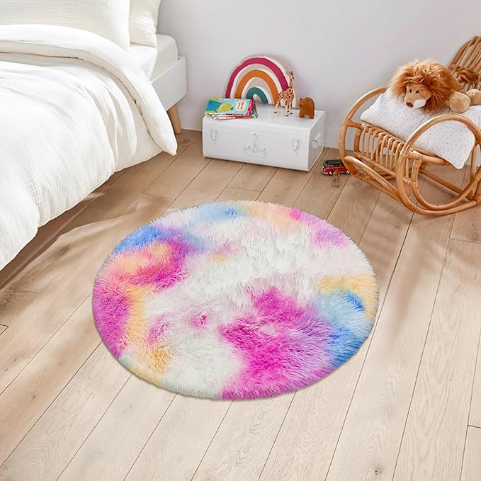 Small Round Rug for Bedroom,2' Pink Rainbow Circle Area Rugs Colorful Carpet Fuzzy for Indoor Floor Carpet for Kids Girls and Boys, Nursery Rooms, Home Decor Aesthetic