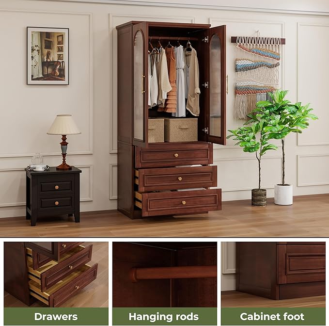 Solid Wood Wardrobe Closet:TemkTuek 70.87" Armoire,Clothing Storage Cabinet with Drawers,Doors,Hanging Railsand Shelves,Vintage Freestanding,Bedroom,Cherry Finish(21)