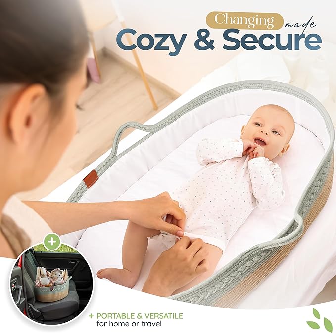Moses Basket for Newborns – Baby Changing Basket with Waterproof Pad – Reinforced Mesh Sides – Includes Travel Case – Portable Diaper Basket for Dresser Top or Nursery Use (Cotton, Teal)