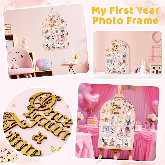 R HORSE My First Year Photo Display Wood Board - 3D Princess Baby's First Year Picture Frame, 12 Months Fairytale Castle Milestone Board Baby Keepsake Gift 1st Birthday Nursery Decor for Girl