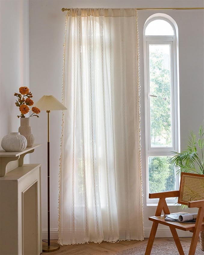Deeprove Ivory Boho Curtain 96 Inches Long for Bedroom Living Room Decor, Bohemian Hollow Chic Style Tassels, Vintage Farmhouse Country French Window Treatment Drape, Rod Pocket, 1 Panel W52x L96