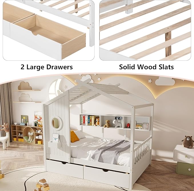 Aoowow Full Size House Bed with Storage Shelves and Drawers, Wood Platform Kids House Bed with Window and Roof for Bedroom, Full Playhouse Bed Frames for Boys Girls, Can be Decorated, White