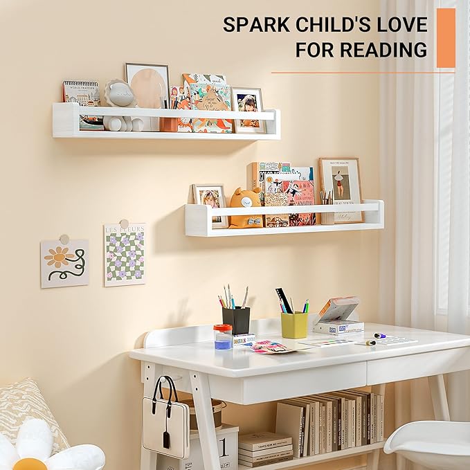Heimlove Nursery Floating Shelves, Solid Wood Nursery Book Shelves for Wall, 32 inch Bookshelf for Kids, Wall Mounted Shelves for Books,Toys and Decor Storage, Set of 3 (White)