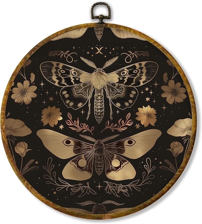 Hiuwevt Vintage Moody Gold Butterfly Round Wall Art Decor, Dark Academia Moth Framed Canvas Prints, Gothic Cottagecore Butterfly Round Wall Hanging Decor for Home Bedroom Decorations, 10x10 Inches