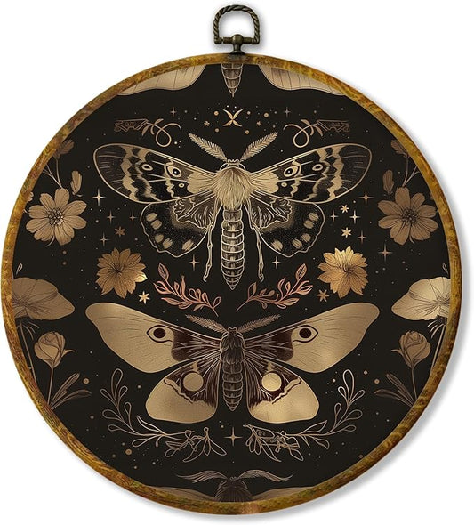 Hiuwevt Vintage Moody Gold Butterfly Round Wall Art Decor, Dark Academia Moth Framed Canvas Prints, Gothic Cottagecore Butterfly Round Wall Hanging Decor for Home Bedroom Decorations, 10x10 Inches