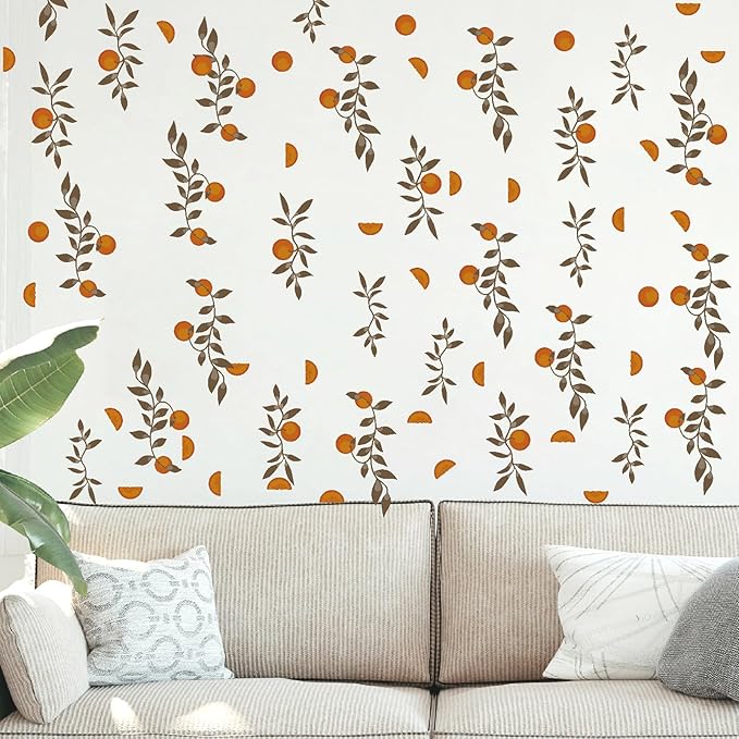 Orange Leaf Wall Decals Boho Fruit Leaf Wall Stickers Small Tree Leaf Sticker Vintage Green Leaves Decal Cute Orange Leaves Wall Decals for Nursery Kids Room Bedroom Kitchen Decor