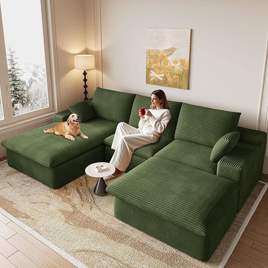 107" Cloud Modular Sectional Sofa with 1 Ottoman, Modern Upholstered Corduroy Couches, Comfort U Shaped Sofa for Living Room, Deep Seat Boneless Couch, No Assembly Required(Green,Left Facing Chaise)