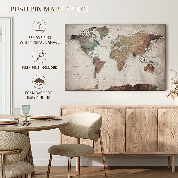 ElephantStock - Our Adventures World Map With Push Pin Iii Wall Art - Horizontal Canvas Wall Art - Living Room Wall Decor - Printmaking Map Canvas Art - Beige And Brown Decor - 12" x 8"