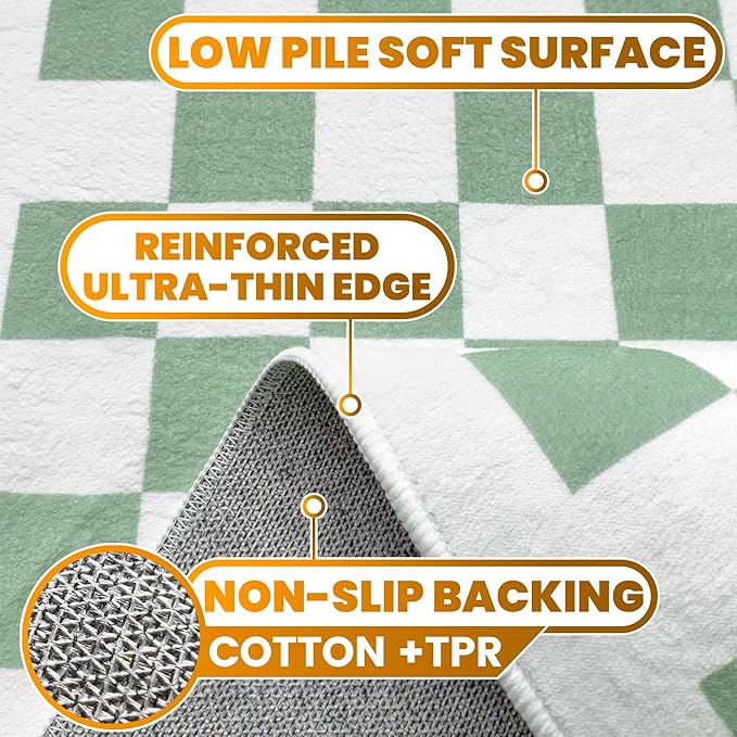 Washable Checkered Rug, 8x10 Sage Green Checkerboard Modern Boho Foldable Large Area Rugs for Living Room, Low Pile Ultra-Thin Non-Slip Indoor Carpet for Office Bedroom Diningroom Classroom