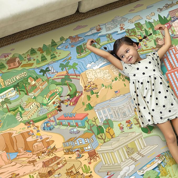 Washable Kids Rug 5x7 North America Map for Playroom – Educational Carpet for Preschool, Daycare, Classroom – Learn Geography, Animals & Landmarks – Fun Washable Activity Rug for Large Kids