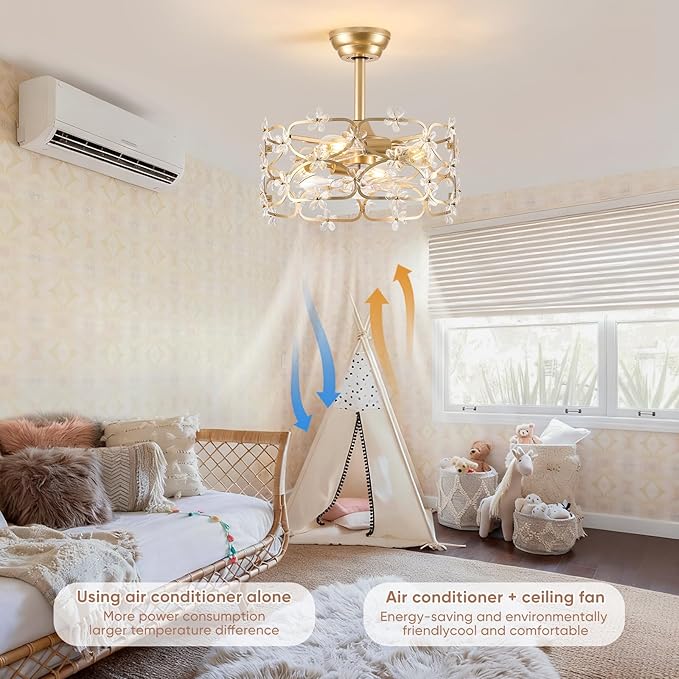 Gold Fandelier Ceiling Fan with Light and Remote Control Modern Crystal Flower Chandelier Ceiling Fan for Girl's Bedroom，Nursery，Living Room（Caged Enclosed 6 Speeds Height Adjustment）