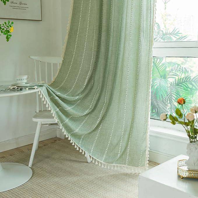 Deeprove Green Boho Curtains 96 Inches Long for Bedroom Living Room, Cotton Linen Stripes Embroidery Weighted, Vintage Bohemian Farmhouse Window Treatment Drape Tassels 1 Panel W52 x L96 Sage