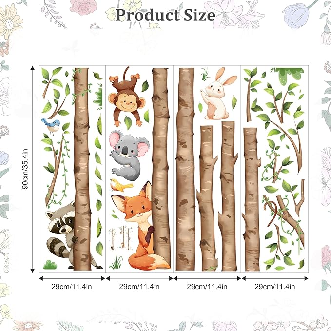 Large Birch Tree and Jungle Animals Wall Decals, Cartoon Fox Money Loala Raccoon Wall Stickers Peel and Stick Wall Decal Waterproof Wall Art Sticker for Baby Nursery Kids Room Home Decor (H: 63 in)