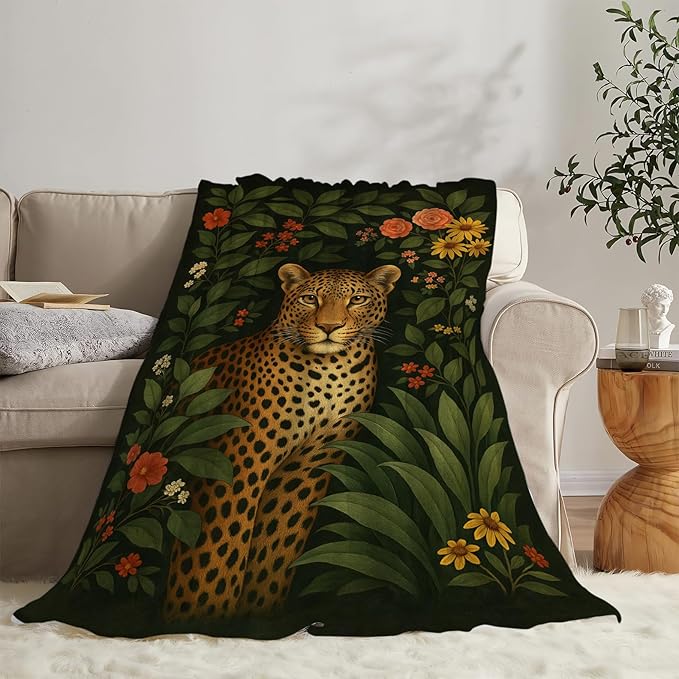 Leopard Tropical Leaves Blanket Cheetah Throw Blanket Soft Cozy Fleece Fuzzy Plush Warm Stuff Bedding Animal Blankets Gifts for Kids Girls Boys Adults Women Men 40"x50"