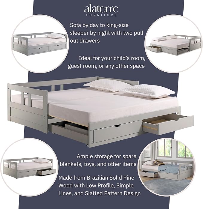 Alaterre Furniture Melody Twin to King Extendable Daybed with Trundle and Storage Drawers – Solid Brazilian Pine Wood with 400lb Capacity for Kids, Guest, or Small Bedroom (Dove Gray)