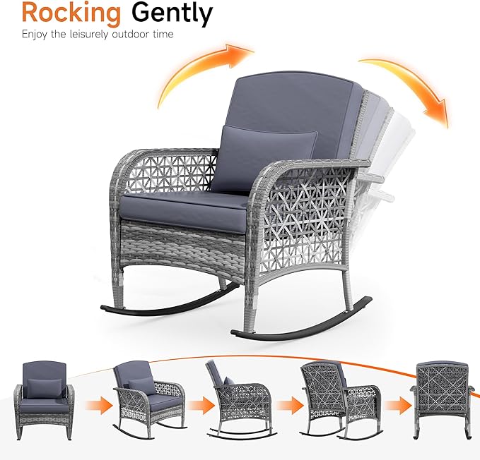 DECMICO 3-Piece Rattan Rocking Chair Set, PE Patio Bistro Furniture with Cushions & Coffee Table for Garden Backyard Porch, Dark Grey