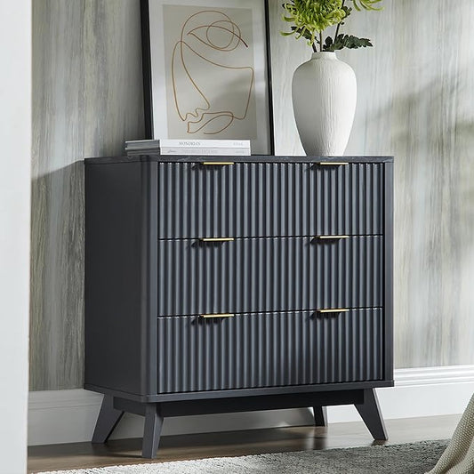 T4TREAM Fluted 3 Drawer Dresser, 32" Tall Modern Chest of Drawers with Faux Marble Top, Curved Profile Design, Wood Drawer Organizer for Bedroom, Living Room, Hallway, Entryway, Dark Grey