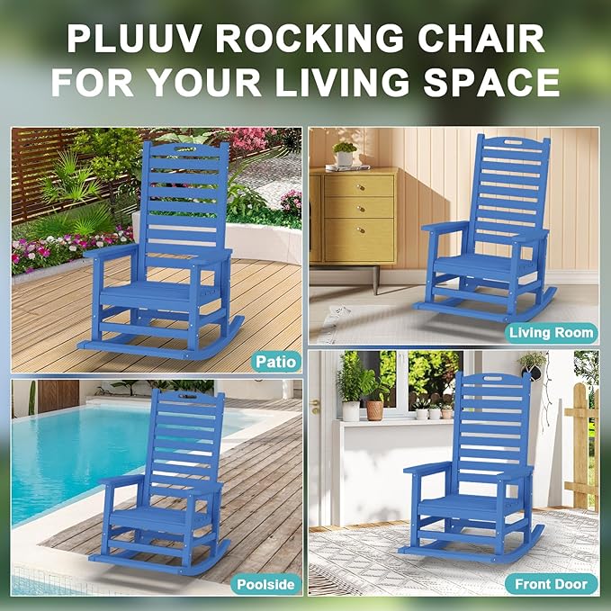 Outdoor Rocking Chair Set of 8 with Removable Footboard for Adults, HDPE High Back Patio Rocking Chairs, 330lbs All Weather Porch Rocking Chairs for Outdoor & Indoor -Navy Blue