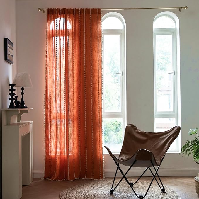 Deeprove Orange Boho Curtains 63 inches Length for Kitchen, Vintage Bohemian Embroidery Farmhouse Cotton Linen Autumn Country Tassel Window Treatments Fall Thanksgiving Decor, W52 x L63, 1 Panel