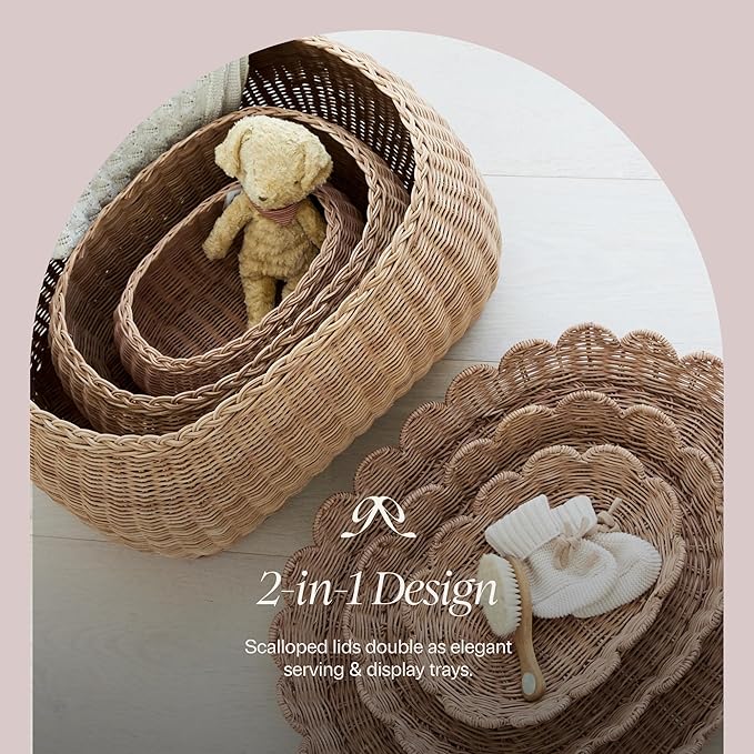 BEBE BASK Large Scalloped Basket Set Of 3 - Hand-Woven & Award-Winning Scallop Basket - XL - Extra Large for Blankets 22 x 16 x 10 In - Elegant Wicker With Scalloped Edge Lid (Mocca)