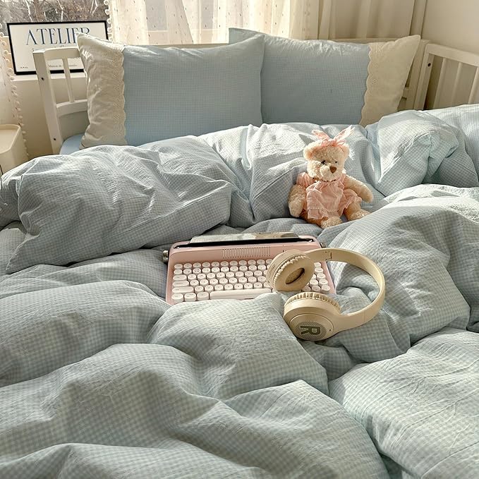 LifeTB Blue Gingham Duvet Cover Queen 3 Pieces Blue Plaid Comforter Cover with Chic White Lace Soft Microfiber Checkered Grid Duvet Cover with 2 Pillowcases Breathable Gingham Plaid Bedding Set