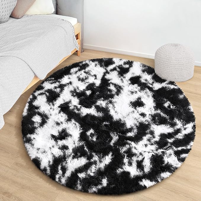 EVOIONOS Round Black White Tie-dye Rug, Fluffy Circle Rug 4x4 Feet for Kids Room, Shaggy Plush Circular Carpet for Bedroom, Soft Non Slip Floor Mat, Furry Cute Small Throw Rug for Kids Room Home Decor