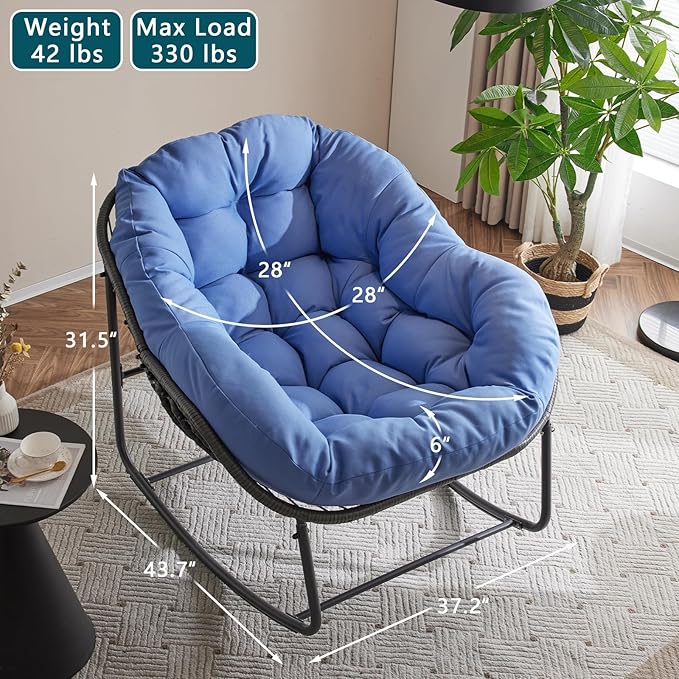 Oversized Outdoor Papasan Rocking Chair with Soft Cushion, Comfy Patio Egg Chair, Wicker Lounge Rocker for Balcony/Porch/Garden, Reinforced All Weather Rattan Frame, 330 lbs Support, Royal Blue