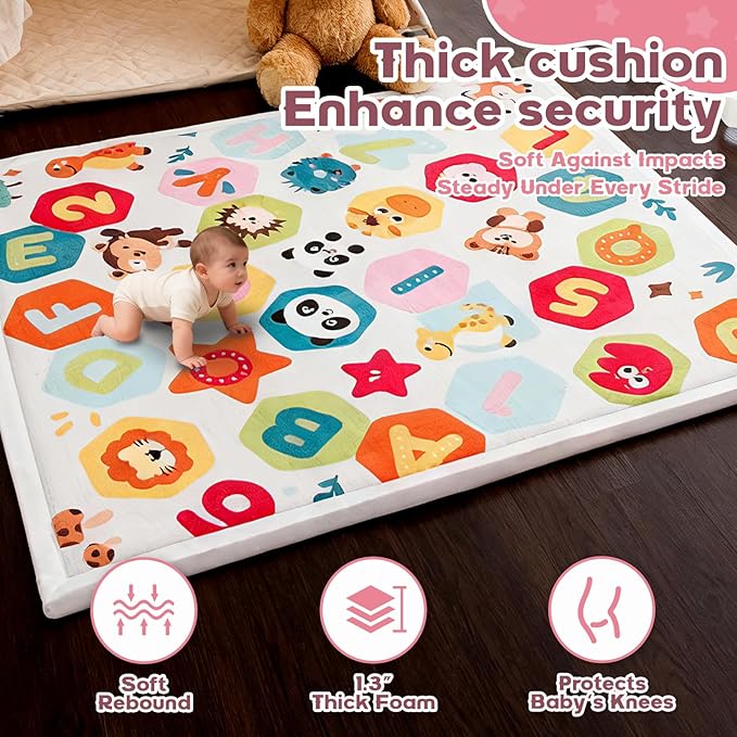 Baby Play Mat for Floor, 71'' x 59'' Thicken Foam Soft Padded Playmat for Tummy Time, Playpen Mat for Toddlers, Water-Repellent Coral Velvet, Non-slip Bottom Safe for Crawling (Animal)