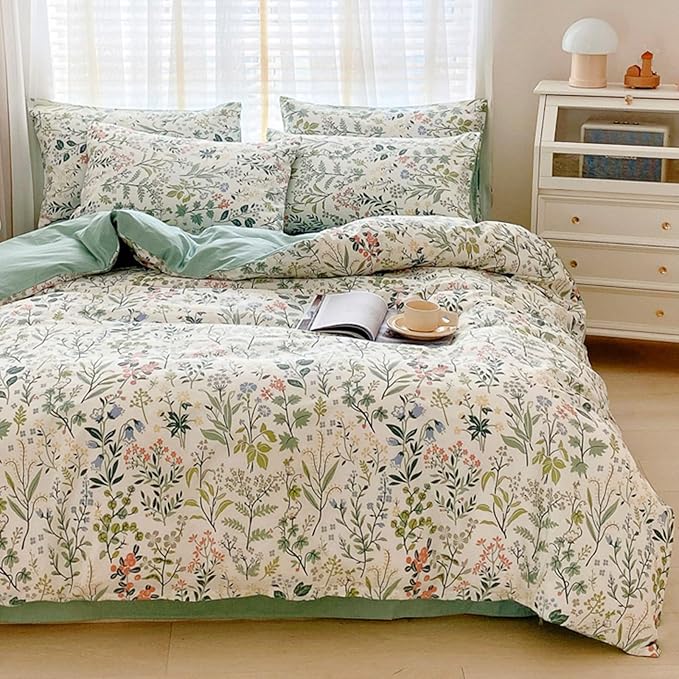 Lightweight Queen Duvet Cover Set Green Pink Floral Bedding Sets Queen Flower Branches Duvet Cover Set Aesthetic Boho Chic Premium Cotton Comforter Cover Set Girl 3 Pieces Queen Duvet Cover Set